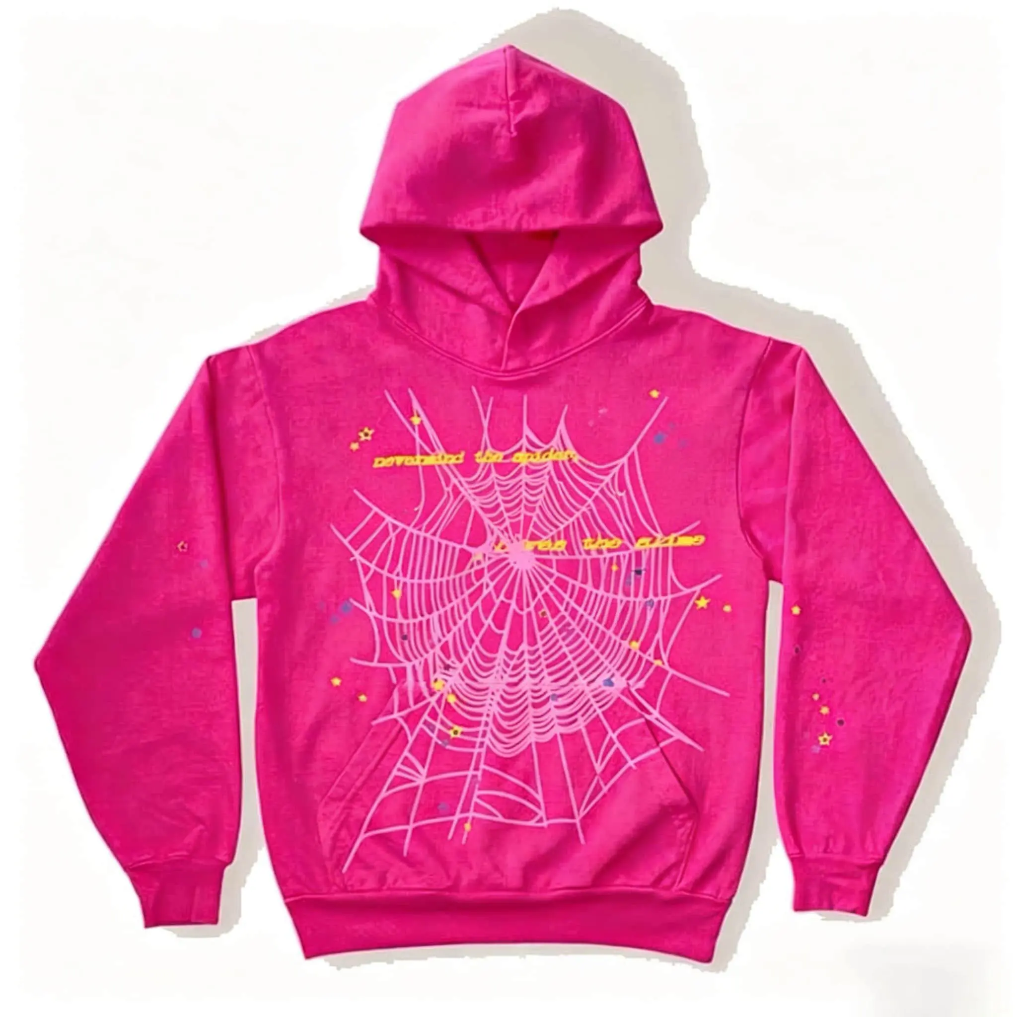Men's Hooded Sweatshirt, Spider Web Pattern, Letter Print, Colorful Stars, Street Punk Style, Casual Fitted, Fall & Winter, Graphic Hoodie