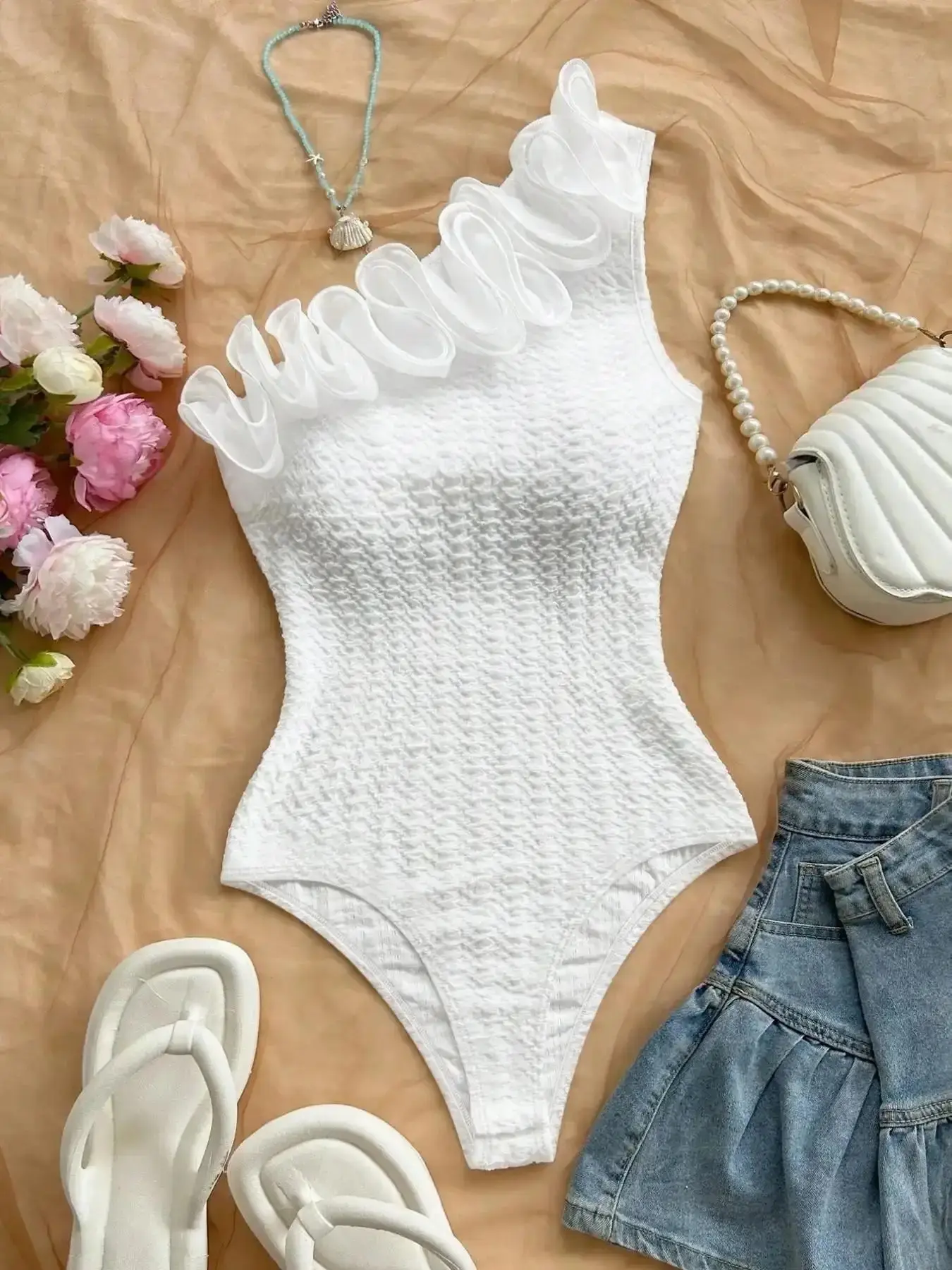 Summer Women's Fashion Casual Vacation Style 3D Embroidered One Shoulder Asymmetrical Slimming Romper Jumpsuit, Feminine Stylish and Comfortable Overall Fit Womenswear