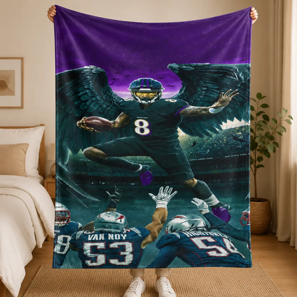 Raven Football Warrior Flannel Throw Blanket, Fantasy Sports Graphic Soft Cozy Lightweight Fleece Blanket for Bedroom Couch Game Room Home Decor Gift