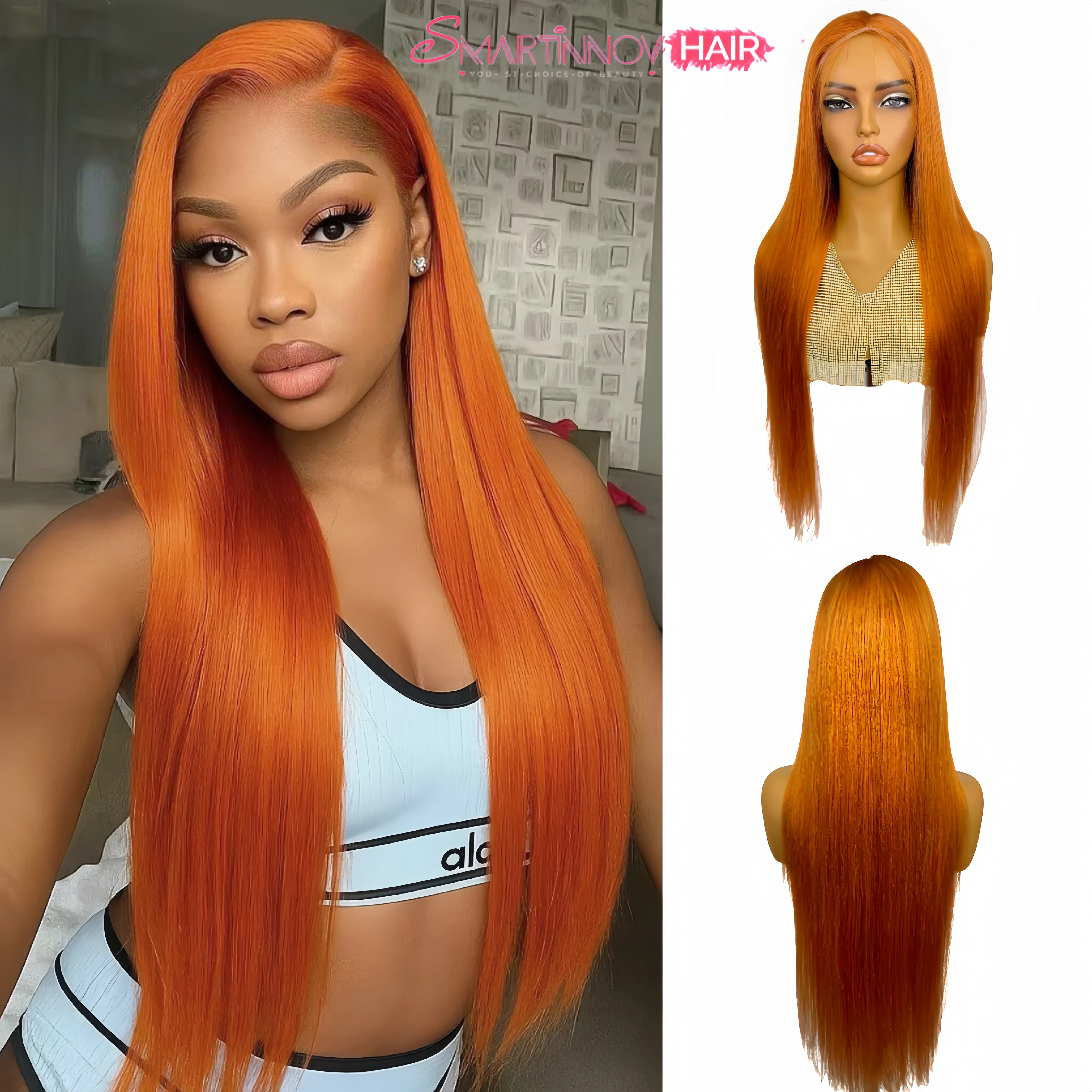 Ginger Orange 13x4 HD Lace Front Wig | Pre-Plucked |150% Density with Highlights |   Silky Human Hair |   Trendy, Bold Look for Parties & Special Occasions