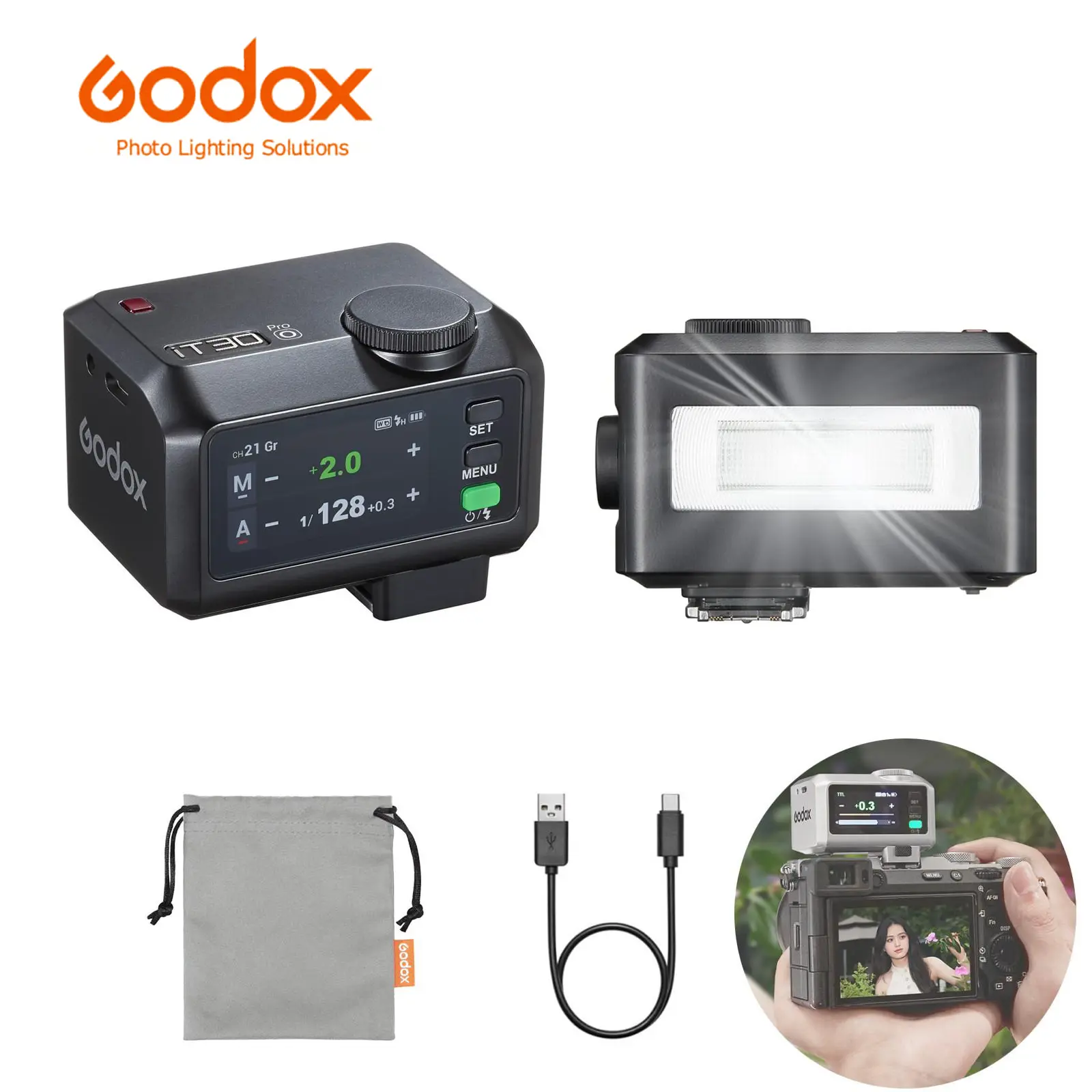 Godox iT30Pro-O TTL Touchscreen Speedlight Flash for Olympus Panasonic Cameras, GN15, 1.5s Recycle Time, 560 Full Power Flashes, 1/8000 HSS, 2.4G Wireless, Built-in Lithium Cells, 120g, 1x Light Body, 1x Storage Bag, Black Camera Charging Cable Accessory,