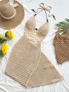 Summer Women's Beach Crochet Knit Long Dress, Bohemian Boho Hollow Out Backless Mermaid Dress, Stylish & Comfortable Summer Wear Knitting, Womenswear