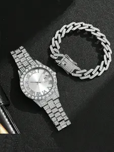 Men's Hip Hop Full Diamond Silver Color Watch Cuban Chain Set, Fashionable Watch, Roman Numerals Calendar Quartz Watch, Punk Style Diamond Wristwatch, Party Fashion Watch, Urban Fashion Wristwatch