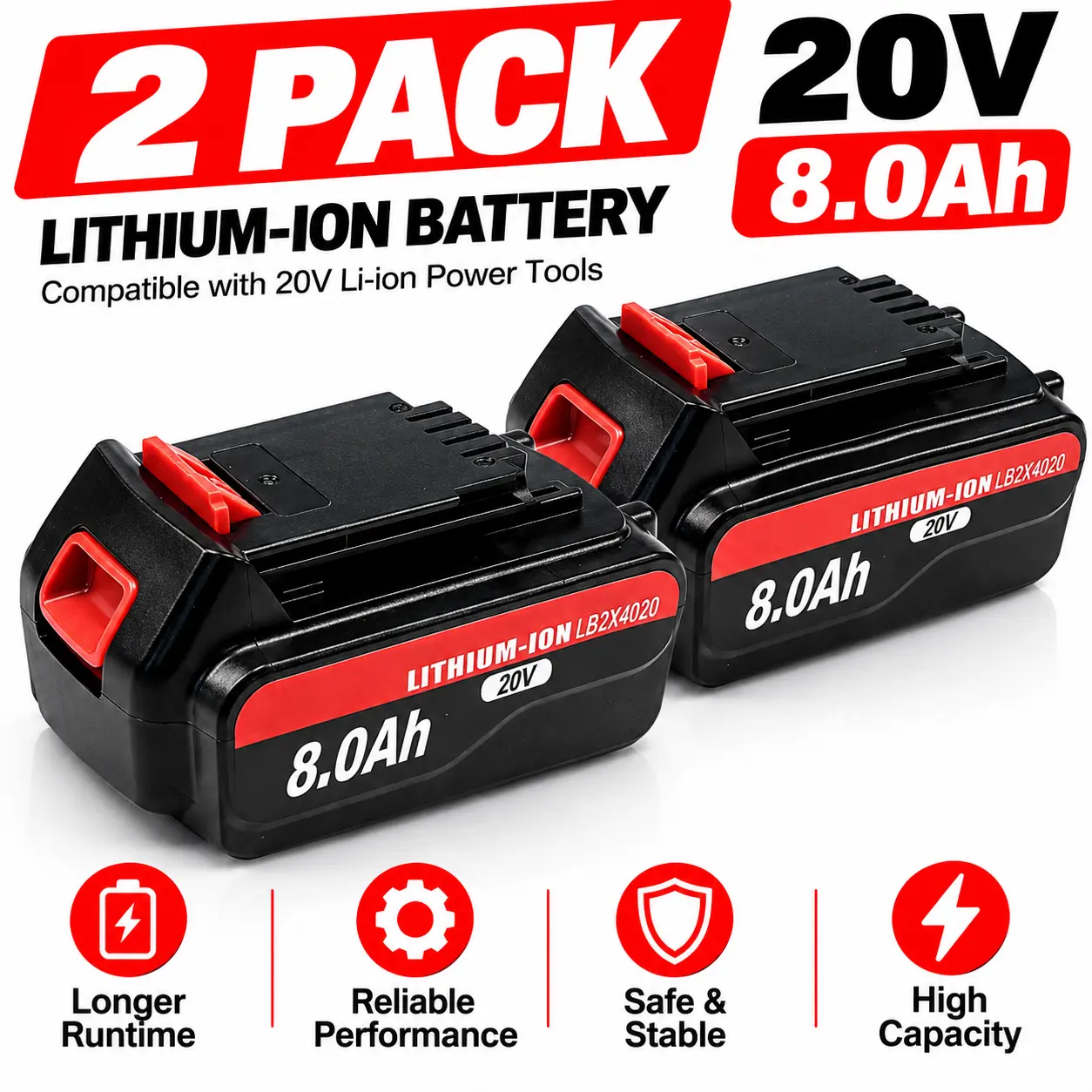 2/4/6-Pack 20V 8.0Ah Lithium Ion Replacement Batteries for Black+Decker 20V MAX (LB2X4020, LBXR20, LBX20), High-Capacity Rechargeable for Cordless Power Tools, Long Runtime & Fast Charging