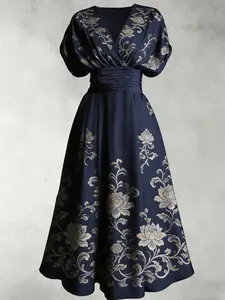 Floral Print V Neck Bubble Sleeve Dress, Elegant Summer Long Dress, Fitted Casual Dress for Women, Perfect for Daily Wear, Dates, Beach Vacations, Womenswear