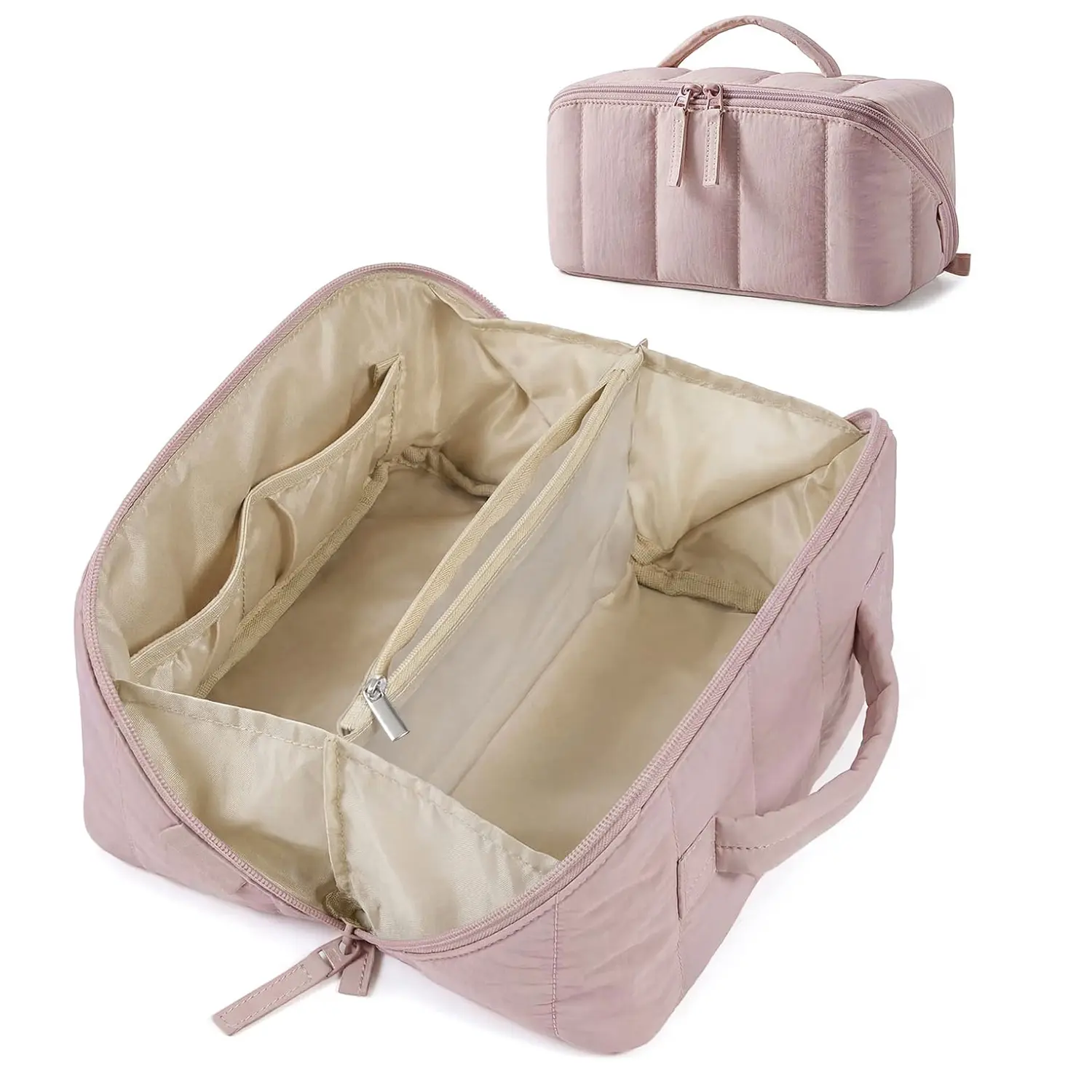 Travel Makeup Bag for Women, Lightweight Toiletry Bag, Portable Water-resistant Cosmetic Case, Puffy Padded Make Up Organizer Pouch, Open Flat Toiletry Bag for Toiletries, Brushes,Multi-compartment Bag,Multi-pockets Toiletry Essentials Organizer