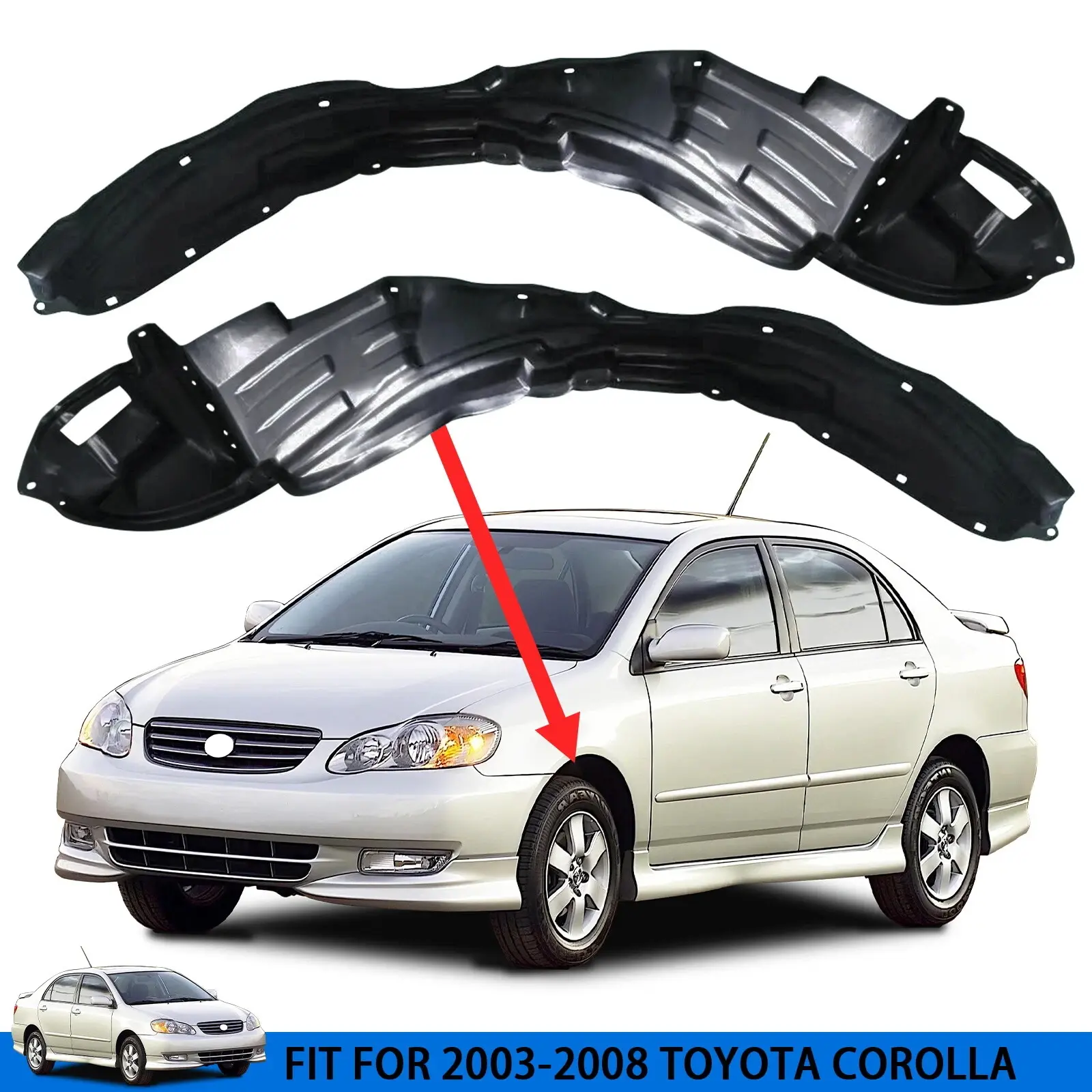 Front Fender Liner Splash Shield 2-Piece Full Set - For 2003-2008 Toyota Corolla, Left & Right PP Plastic Debris Shield Inner Fender Guard Replacement