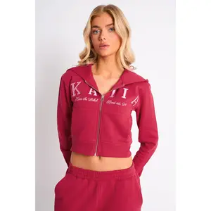 Kaiia Slogan Cropped Zip Up Hoodie Cranberry & Pink