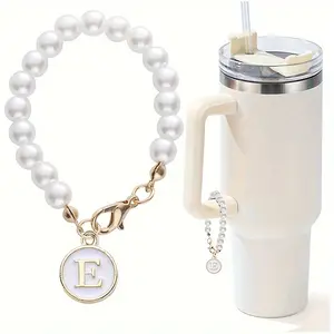 [Letter Charm Keychain] Pearl Chain Accessories, Attractive Letter Charm for Cup | Initial Charms for Handle, Water Bottle, Tumbler, Name ID Decorations, Lightweight Keychain