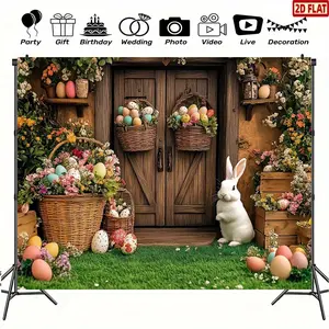 2D Flat Easter Bunny and Spring Garden Party Backdrop Banner - Durable, Easy to Hang, Large Photography Cloth with Festive Easter Eggs and Flowers Design, Ideal for Indoor/ Outdoor Celebrations, Weddings, Birthda, Standing Banner, Yard Sign Banner