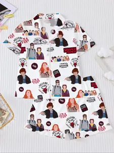 Stranger Things Cartoon Print Kids' Pajama Set, Summer Short-Sleeve Flame-Retardant Turn-Down Collar Shirt & Loose Elastic Waist Ruffled Shorts, 2-Piece Homewear Set for Boys and Girls