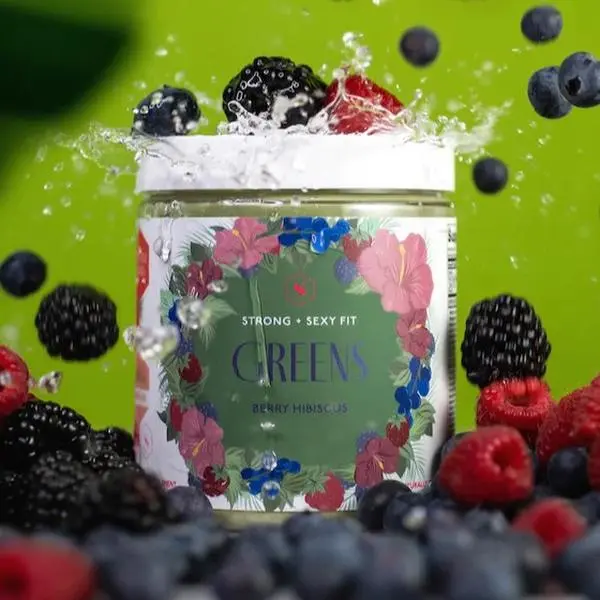 Strong + Sexy Fit Greens Powder, Green Juice Mix for Gut Health, Energy & Immune Support, Fruit and Veggies Supplement with Wheat Grass, Digestive Enzyme, Vitamin C, 30 SVG | Berry Hibiscus
