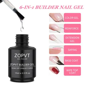 Zopvt 6-In-1 UV Light Gel Nail Polish Extension Kit, Builder Formula, Self-Leveling Rubber Base, 15ML Bottle, Professional Manicure Tool, Hard Gel Builder