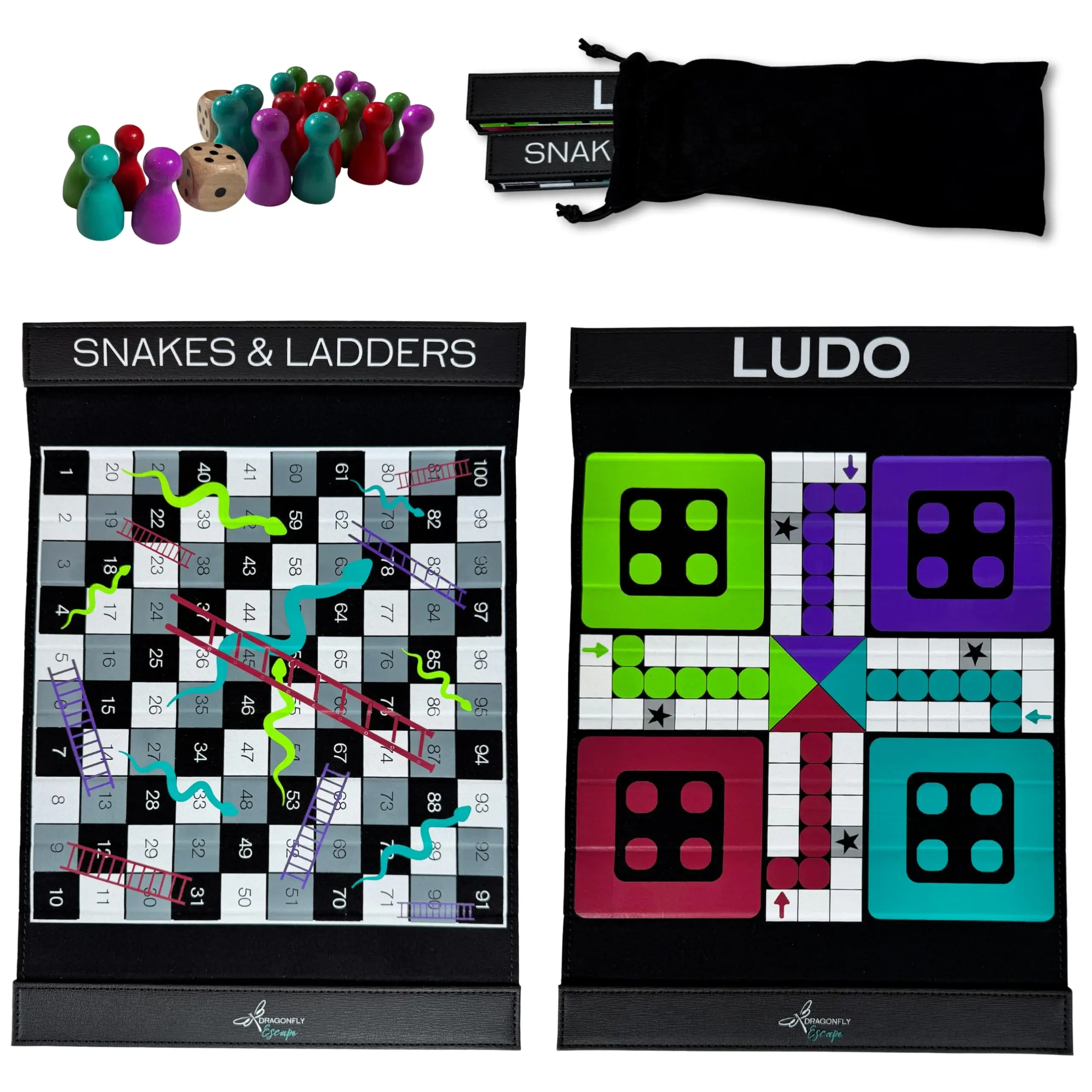 Dragonfly Escape Ludo and Snakes & Ladders 2-in-1 Set, Compact Travel-Friendly Folding Boards, Wooden Pieces & Dice, Portable Family Game