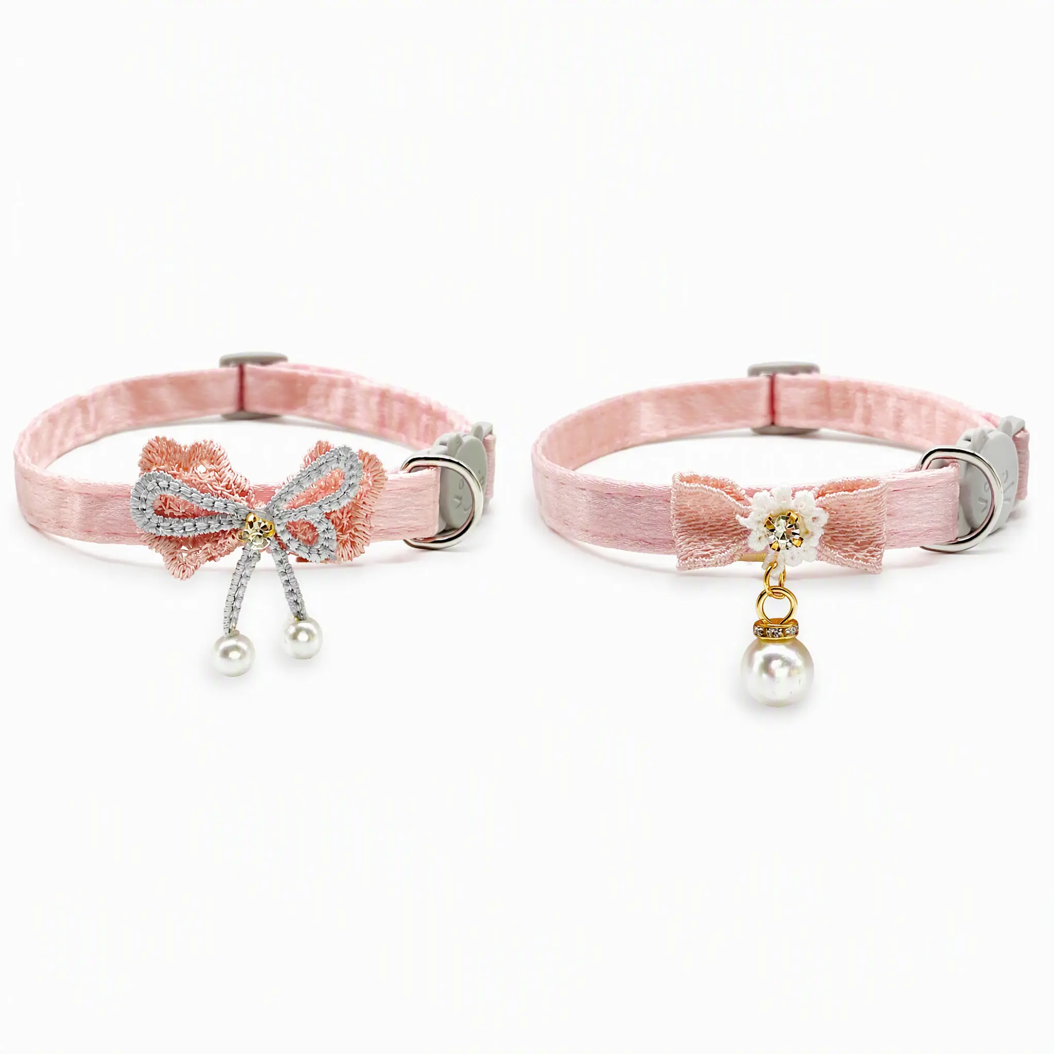 Elegant Lace Bow Breakaway Cat Collar — Pink Scrunchie Strap, Silver Embroidery, Rhinestone Center, Double Pearl Drop Charms, Adjustable Kitten Collar
