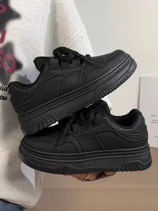 Women's All-Black Platform Sneakers, Lightweight Non-Slip Casual Lace-Up Shoes for Daily Wear Sports Shoes