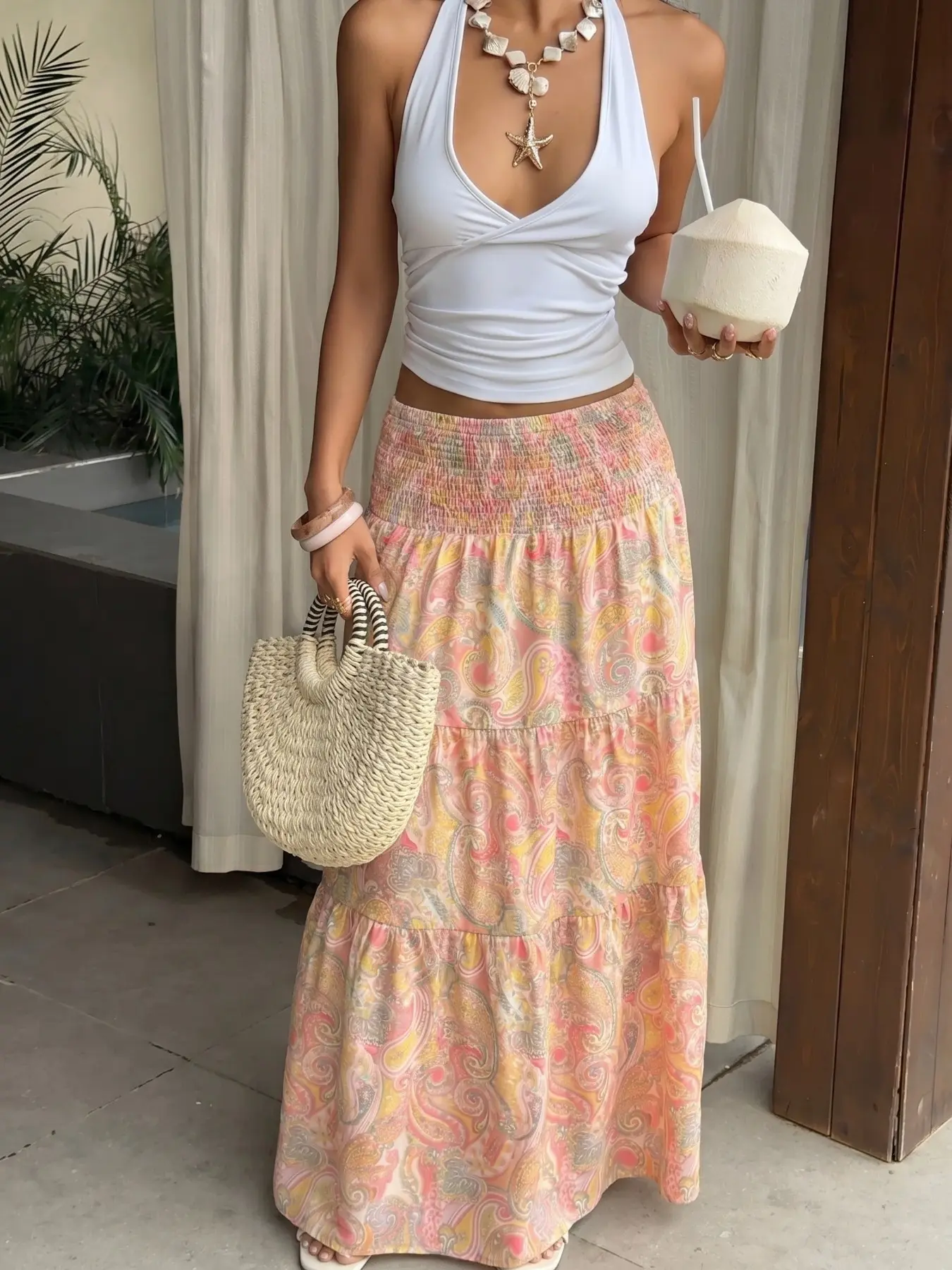 Women's Paisley Print Boho Bohemian Tiered Elastic Waist Maxi Skirt 2026 Casual Streetwear Perfect For Everyday And Night Out Stylish Viral TikTok Must Have Fashion Essential