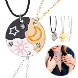 Moon Star & Sun Magnetic Pendant Necklace Set, 3Pcs Friendship Jewelry with Round Rhinestone Connector, BFF Fashion Necklace for All Occasions