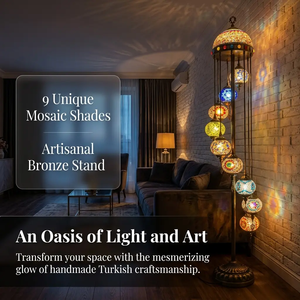 Handcrafted Turkish Mosaic Floor Lamp - 9-Piece Colored Glass Standing Lamp with Ft Switch, Bohemian Moroccan Decor for Bedrooms, Living Rooms