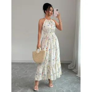 Printed spaghetti strap elastic waist casual women's dress