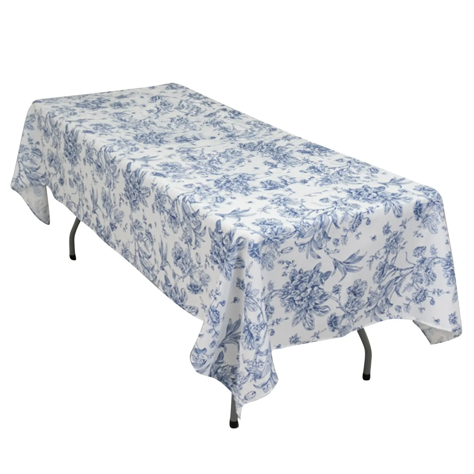 60"x102" White Polyester Rectangle Tablecloth - Blue French Toile Pattern, Banquet-Ready Machine Washable Large Outdoor Tablecloths for Outdoor Furniture Tables, Weddings, Event