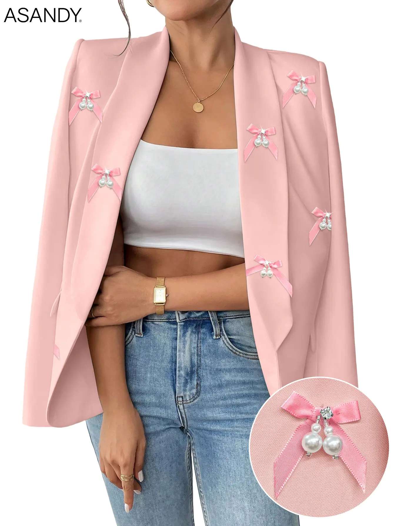 ASANDY Women's Oversized Longsleeves Formal Blazer Jacket - Chic Lady's Stylish Suit Piece with Ribbon, Pearl, Crystal Embellishments, Comfortable Elegance Wear for Party, Gala