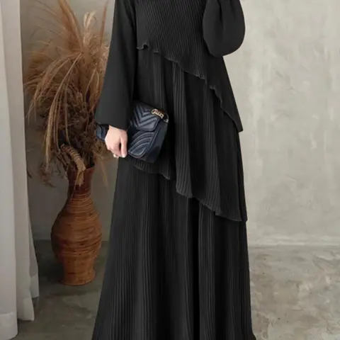 Women's Plain Tiered Layer Bishop Sleeve, Casual Long Sleeve Round Neck Modest Fashionable Style Dress for Daily Wear, Ladies Clothes for All Seasons, Long Sleeve Dresses