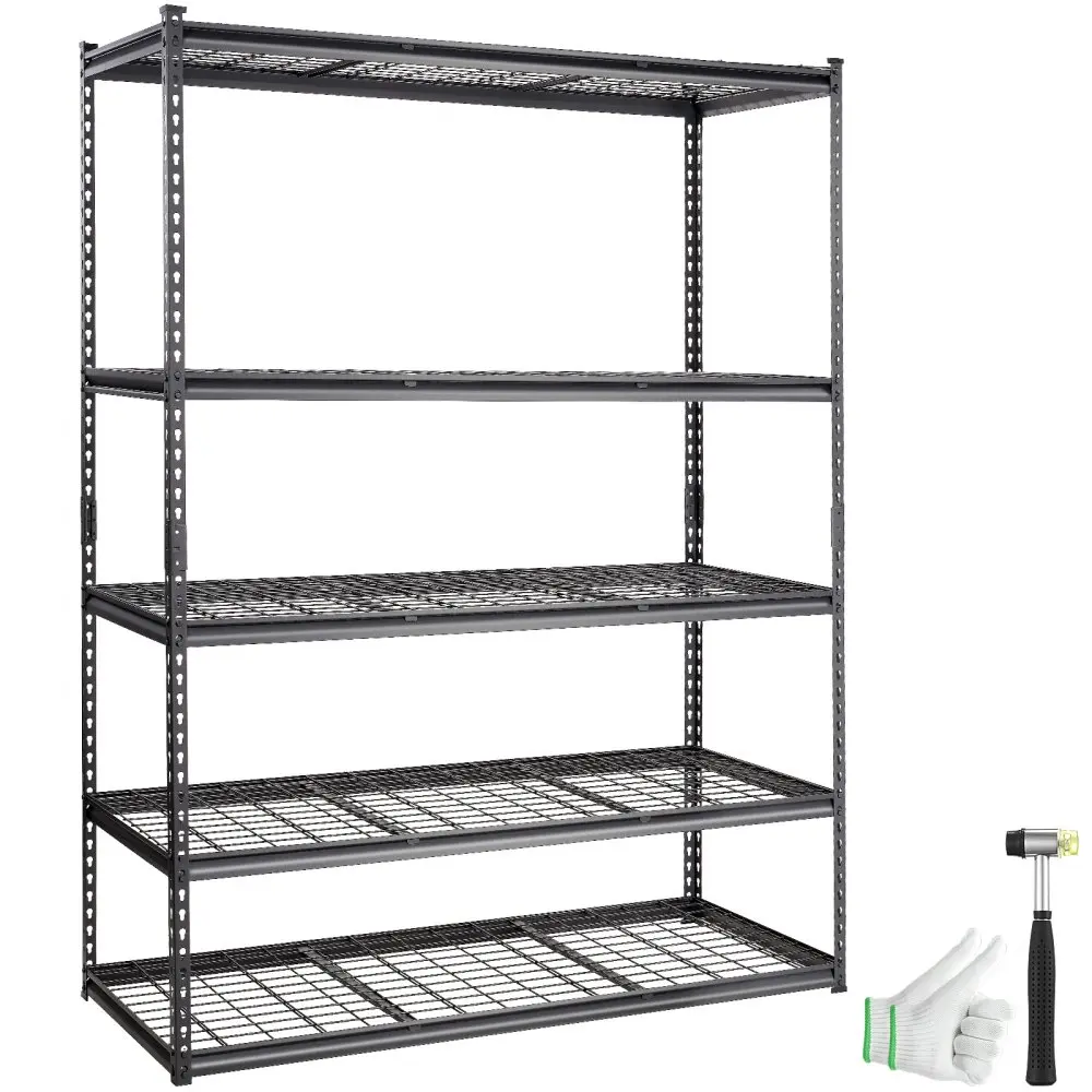 【summerfinds】VEVOR Steel Freestanding Floor Storage Shelving Unit, 5-Tier Adjustable Durable Sturdy Rack, 2000 lbs Capacity, Black 60" L x 24" W x 78" H Kitchen Rack Shelf for Garage Pantry Basement, Freestanding Floor Rack