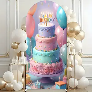 Multi-Layer Cake Theme Birthday Arch Backdrop, Polyester Party Decoration Background Board, Creative Photo Booth Curtain for Gatherings