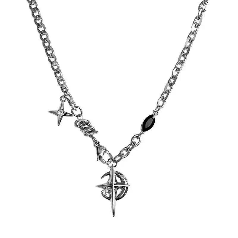 Stainless Steel Necklace with Black Star Pendant – Street Style Clavicle Chain, Gift Box Included Fashionable Jewelry Accessories