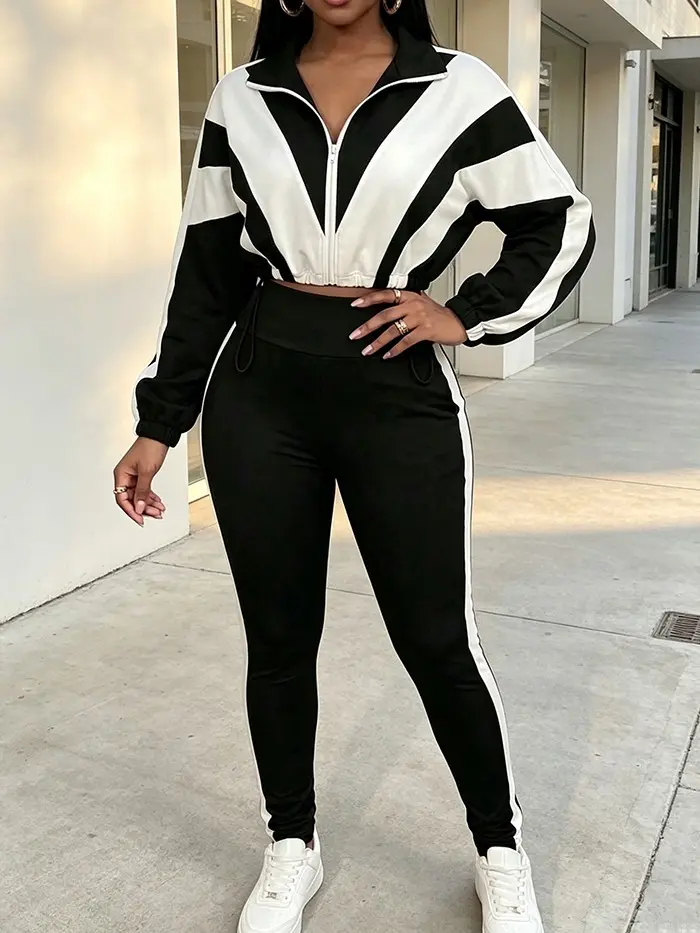 Women's 2-Piece Patchwork Tracksuit, Purple/White Athletic Activewear - Crop Zip-Up Jacket & High-Waisted Skinny Pants Set, Soft Stretchy Polyester Spandex, Lightweight Casual Gym Wear for Gym Workouts, Activewear Shapewear