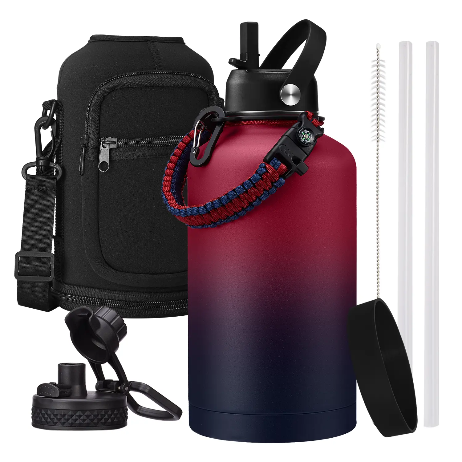 64 oz Insulated Stainless Steel Sports Water Bottle,   0.5 Gal Capacity, 36H Cold & 24H Hot Retention, Army Green, with Strap Carrier Bag & Paracord Handle for Hiking