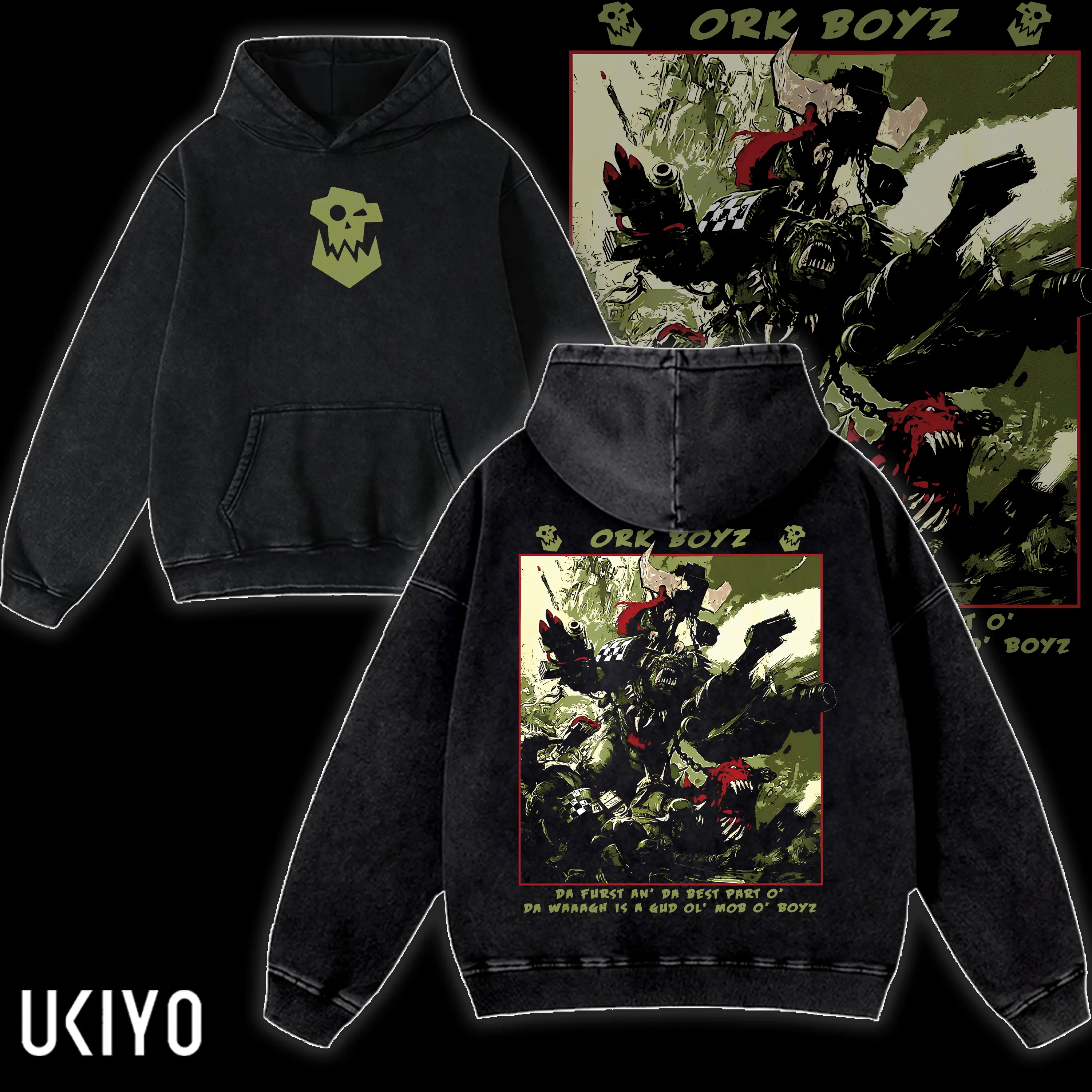 Warhammer 40k Ork Hoodie Vintage Acid Wash Oversized Streetwear Heavyweight Cotton Pullover Ork Boyz Waaagh Tabletop Gaming Merch Sweatshirt
