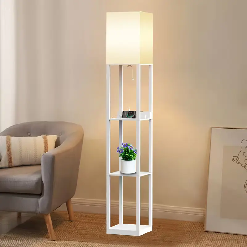 Black 3-Tier Square Frame Bookshelf Floor Lamp with Storage Racks, Minimalist Indoor Living Room Corner Furniture, Easy Setup, Includes 3-Color Temperature Light Bulb, Storage Shelves