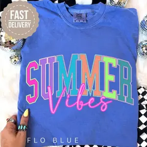 [Made in USA] Summer Vibes Retro T-Shirt, Colorful Neon Summer Graphic Tee, Beach Vacation Shirt Women, Casual Everyday Wear Tee, Trendy Daily Outfit Top, Cute Gift Idea Shirt, Summer Gift for Her