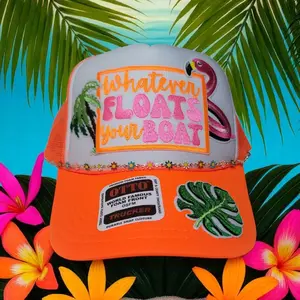 Whatever Floats Your Boat Trucker Hat with Flamingo & Palm Tree Design Orange Mesh Cap