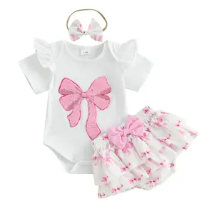 Baby Girls 3Pcs Summer Outfit Short Sleeve Bow Embroidery Romper + Shorts + Headband Set Infant Clothes