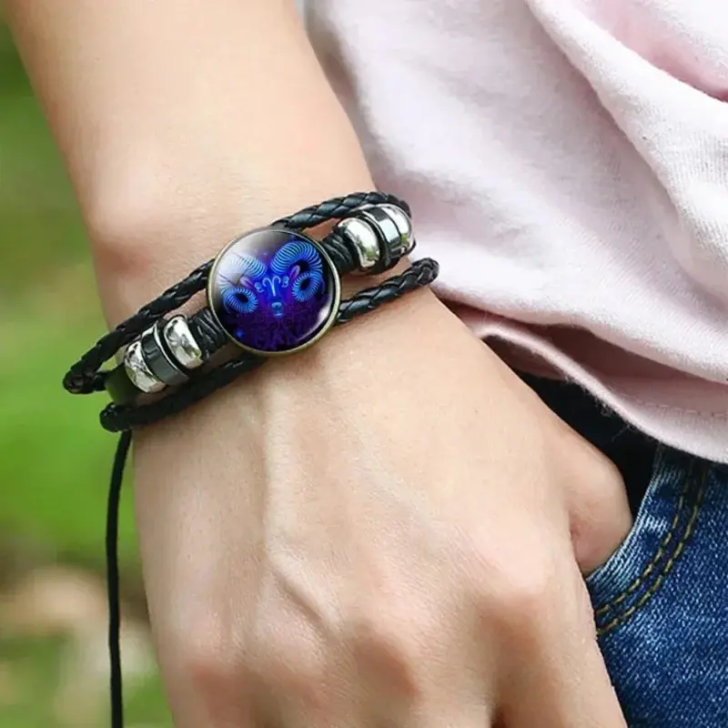 Men's Adjustable 12 Zodiac Sign PU Leather Hand-Woven Luminous Glow Charm Spirit Bangle, Stackable Bracelets, Trendy Jewellery Accessories, Ideal Gift for Men