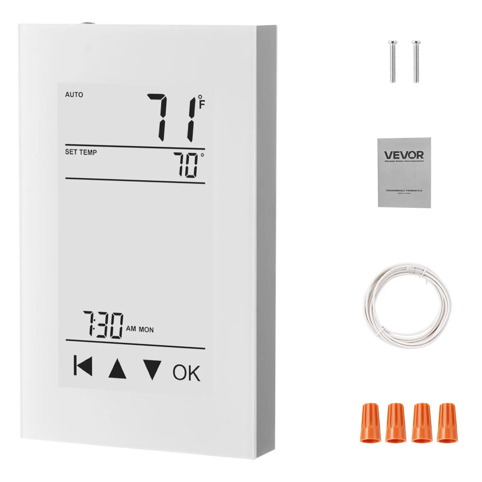 【Summerfinds】 VEVOR 7-Day Programmable Thermostat, Gray-White (Without Wifi) for Radiant Underfloor Heating Cable, Heat Pump, with GFCI Sensor, LCD Touchscreen, Energy-Efficient Home Thermostat