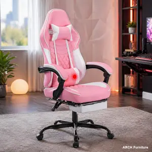 Ergonomic Arch Racing Style High Back Gaming Chair for Adults - Massage Lumbar Support, Adjustable Headrest, Retractable Footrest, Quick Setup, 90°-135° Recline, Pink White