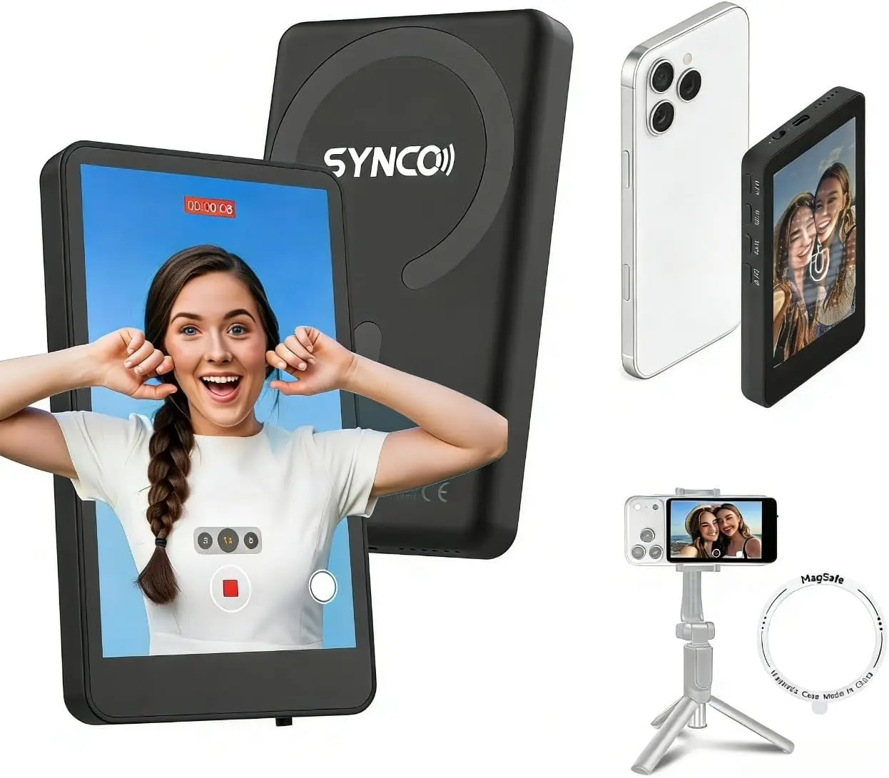 SYNCO XView M4 Selfie Monitor Screen - Magnetic Smartphone/Cellphone/Mobile Accessory, Screen Mirror Connection, MagSafe Installation, 10m Wireless Control