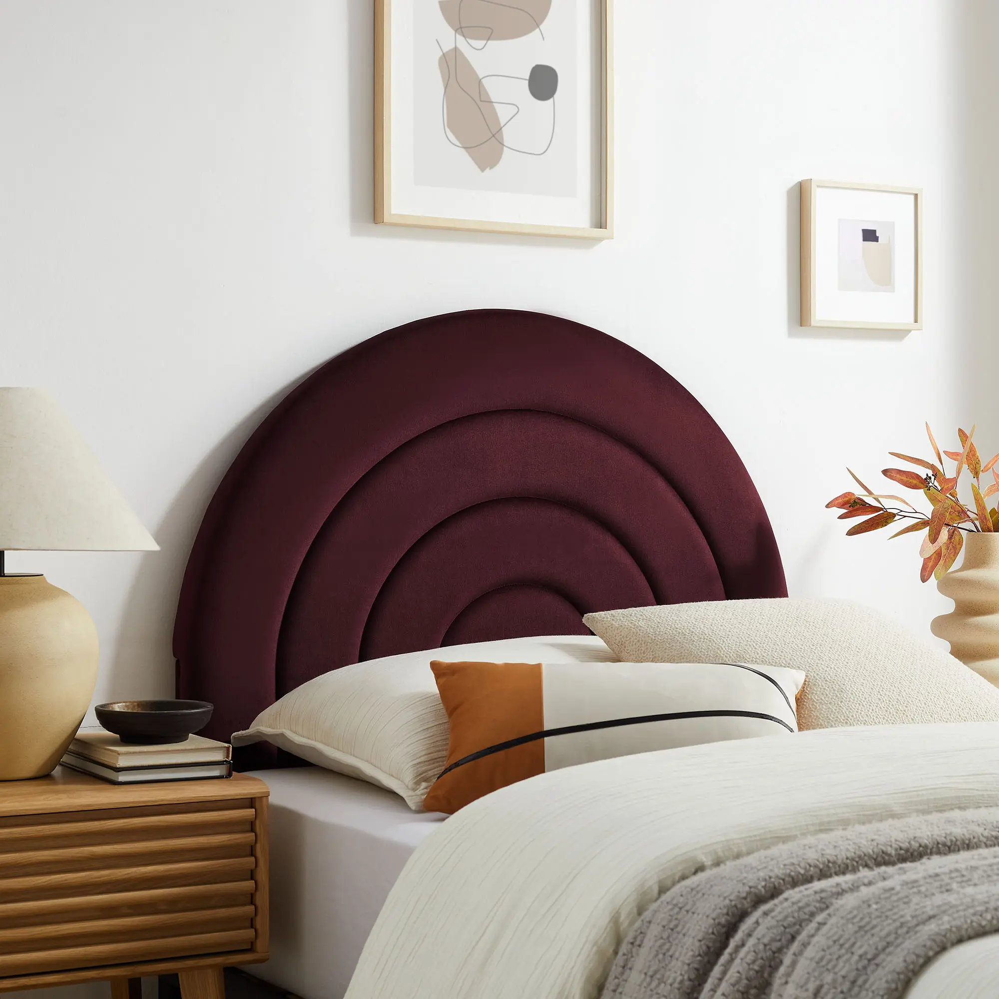 Solana Arched Performance Velvet Twin Headboard, Mulberry - Modern Bedroom Designer Upholstered Headboard