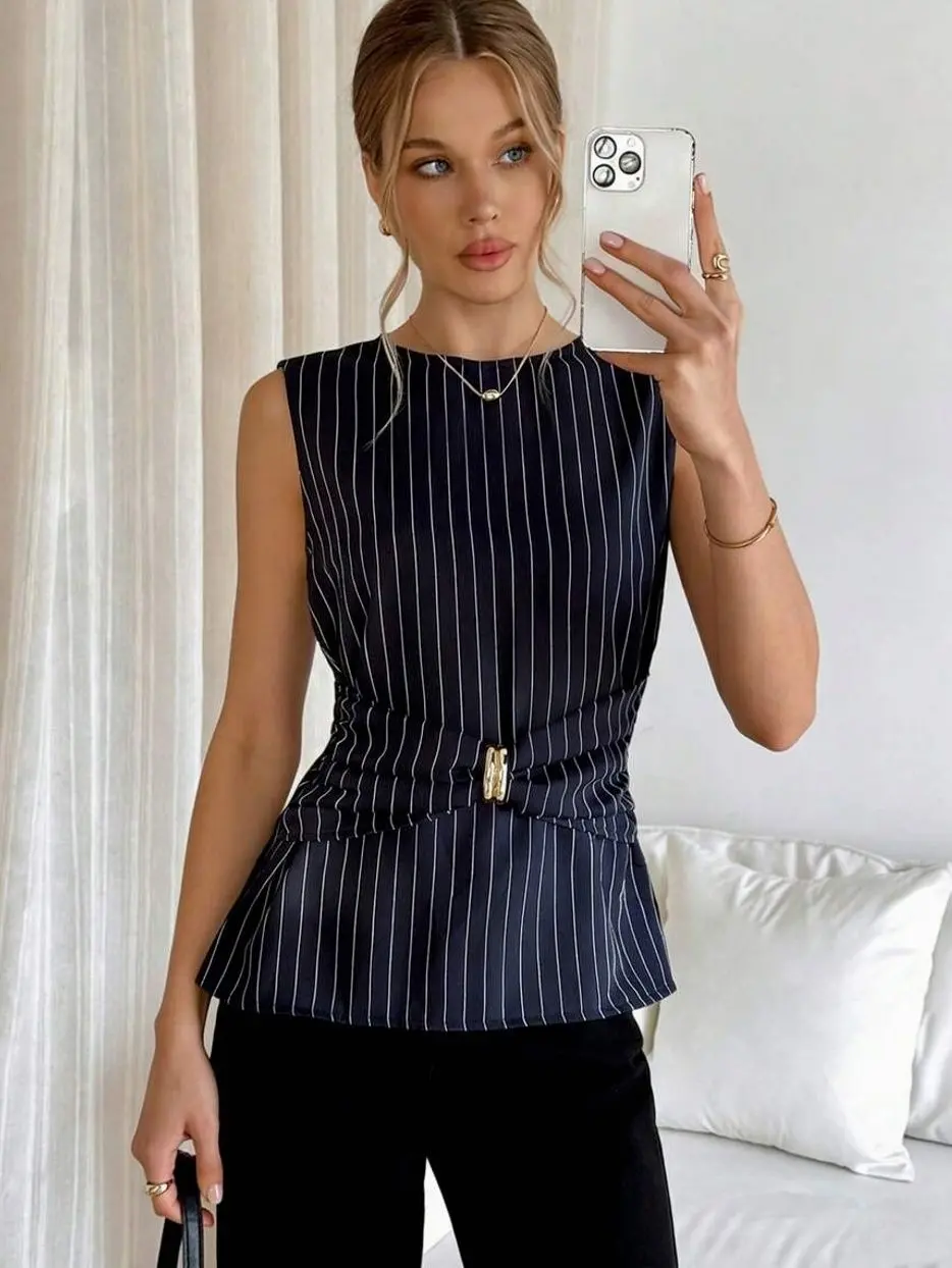 Women's Striped Sleeveless Blouse, Elegant Business Casual Slim Fit Top with Metallic Belt for Office