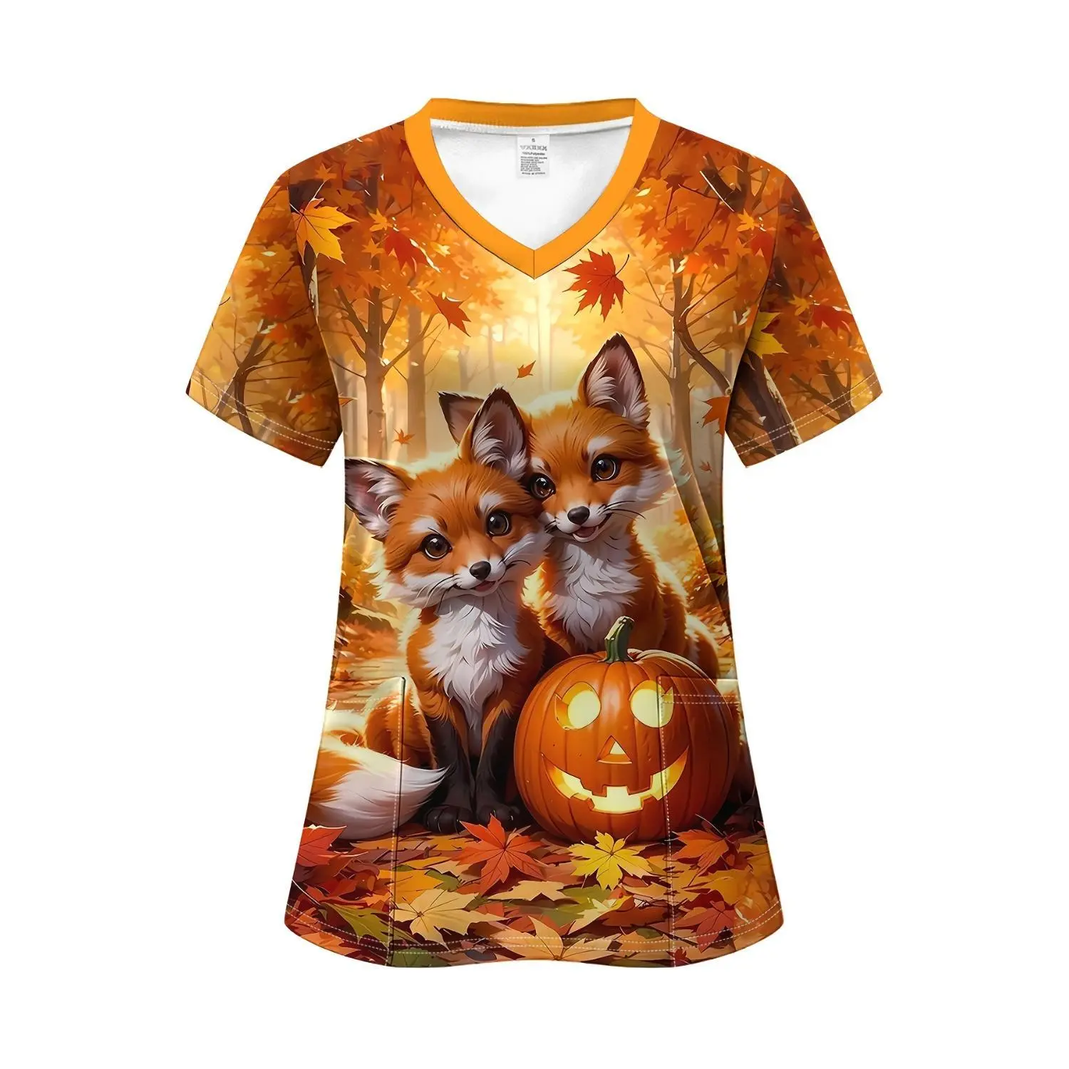 Halloween V-Neck Short Sleeve Top with Pockets for Nurses - Festive & Comfortable Workwear