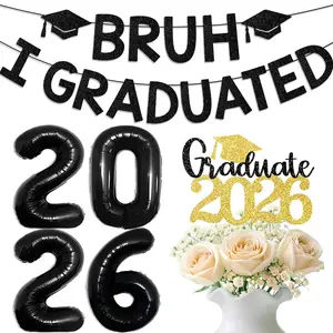 2026 Graduation Party Decorations Set - Graduation Gift, Black Gold Glitter "BRUH I GRADUATED" Banner, 2026 Number Foil Balloons, "Graduate 2026" Sign for Class of 2026 Graduation