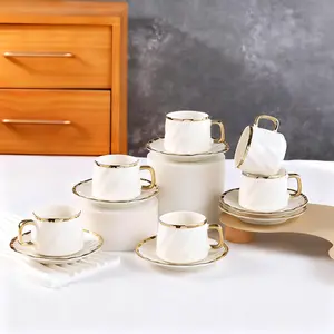 Cappuccino Cups with Saucers, 3.4 oz/100ml Porcelain Double Espresso Cups Set, Ceramic Turkish Coffee Cups, Tea Cups Set of 6, Cafe Cups for Latte, Mocha, Au Lait, White