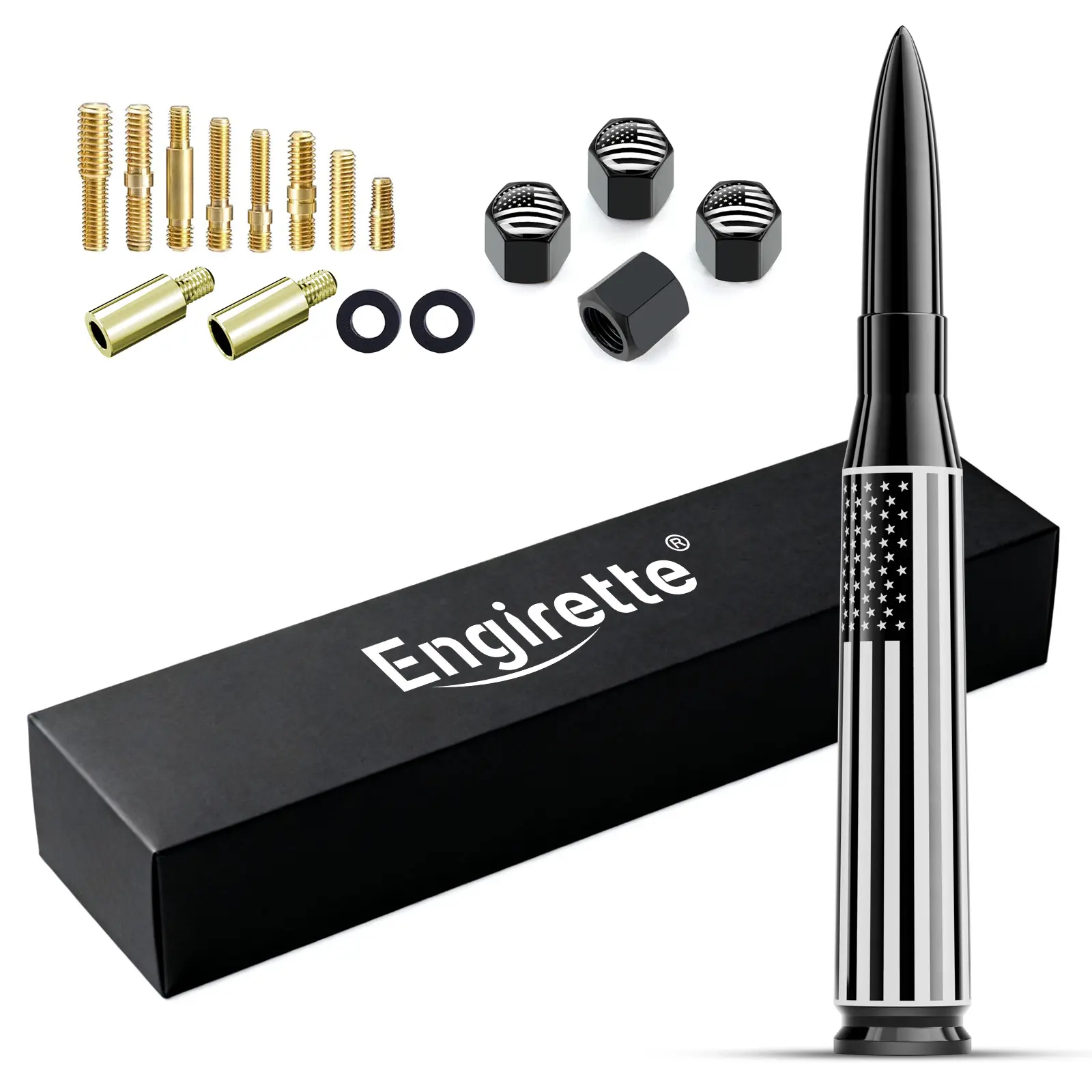 Car Truck Bullet Antenna with Tire Valve Caps American Flag Universal Short Replacement for GMC Sierra Chevy Silverado Dodge Ram 1500 2500 3500 Ford F150 F250 F350 Super Duty Raptor Radio Accessories, Black