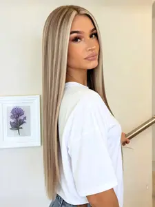 Blonde Brown Highlight 13x4 Lace Front Wig Pre Plucked Hairline Synthetic Wig Dating Look Valentine’s Day Date Night Free Part Straight Wig for Women Everyday Wear School Work Valentine’s Gift Present 28 Inch Frontal Wig