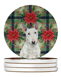 Carolines Treasures WDK8713RCS4 4 x 4 in. White Miniature Bull Terrier Christmas Poinsettias Large Sandstone Coasters, Pack of 4