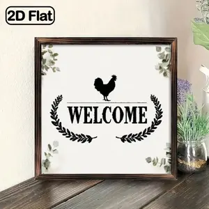 Rustic Farmhouse 2D Wood Framed Wall Decor Sign - 1pc 8x8in Vintage Rooster, Welcome Lettering, Kitchen & Living Space Decor, Country Home Housewarming Gift
